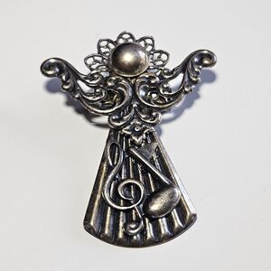 Vintage Silver Tone Musical Notes Guardian Angel Pendant Brooch